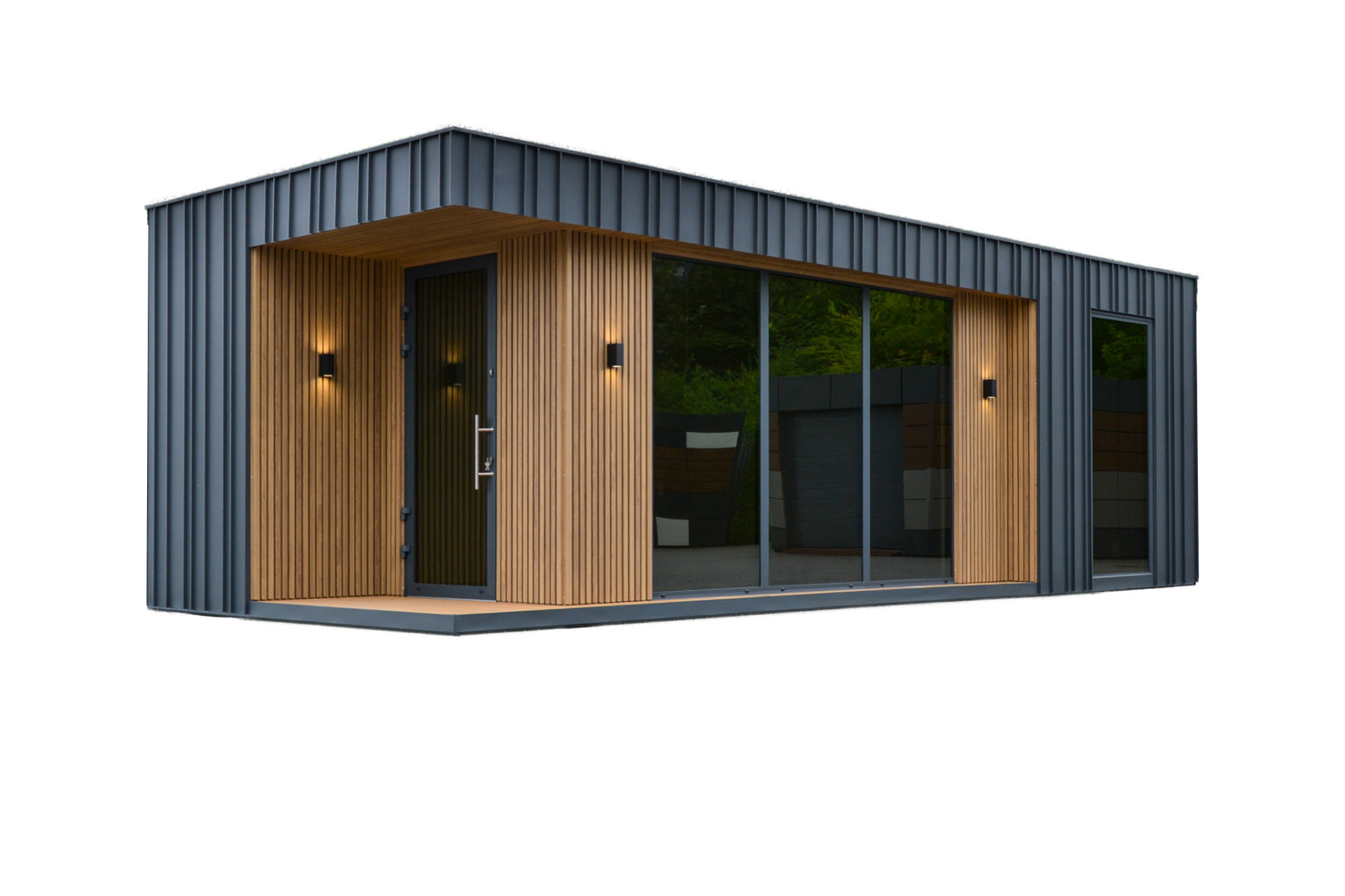 Conteneur résidentiel moderne avec lames en bois, revêtement métallique et grande façade vitrée      