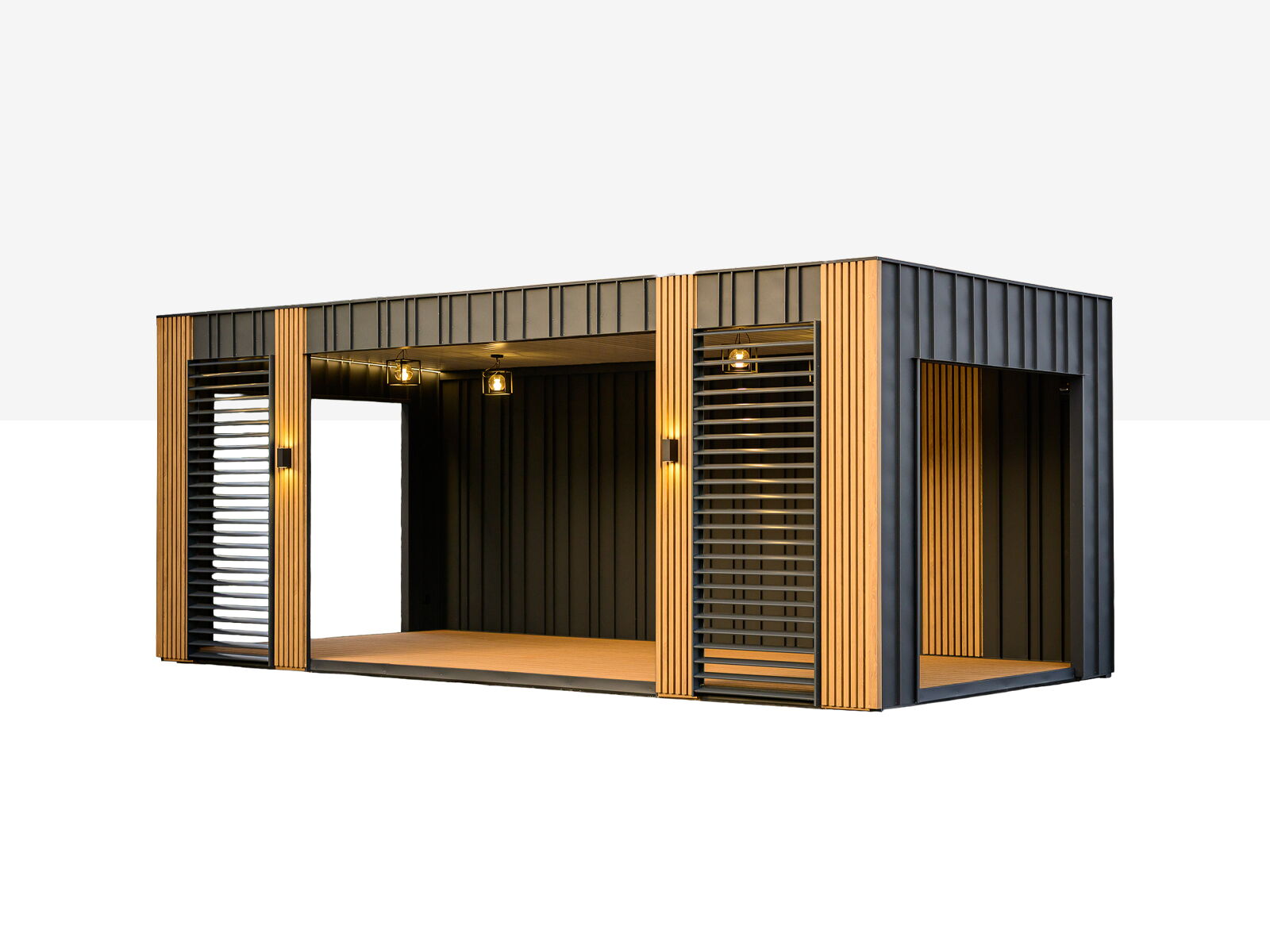 Moderne container met houten bekleding, lamellenelementen en geïntegreerde verlichting      