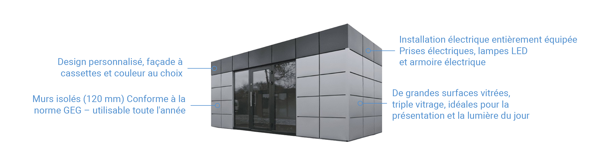 Conteneur de vente avec parois isolées, façade vitrée et installation électrique intégrée      