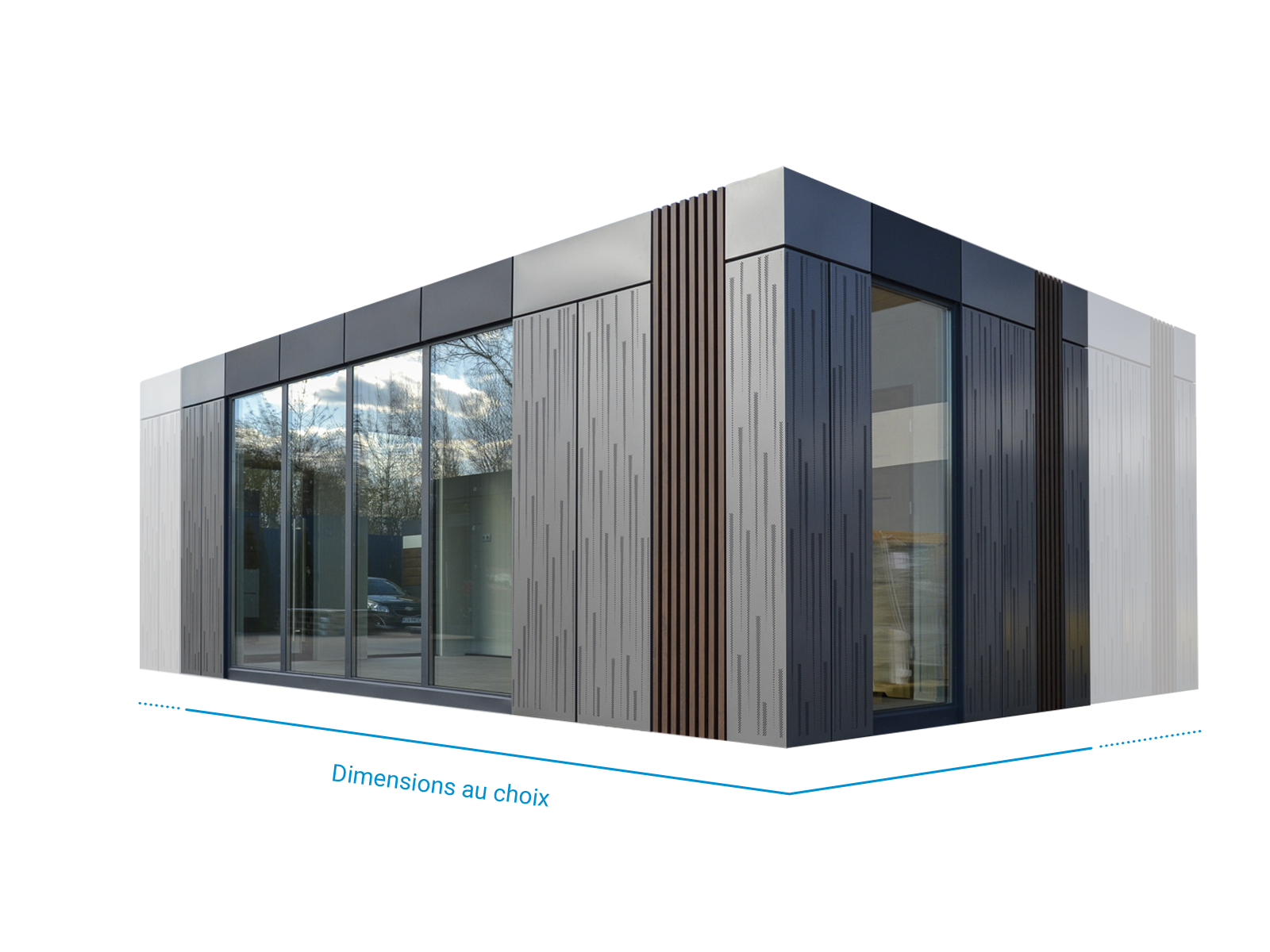 Conteneur de bureau avec grande façade vitrée et dimensions librement sélectionnables      