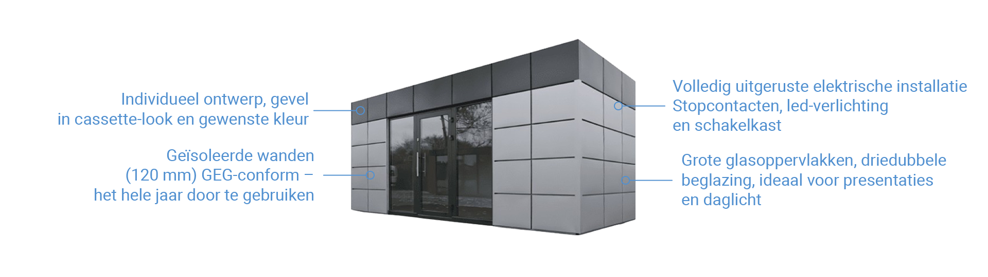 Verkoopcontainer met vrij kiesbare afmetingen en grootschalige glasvoorkant      