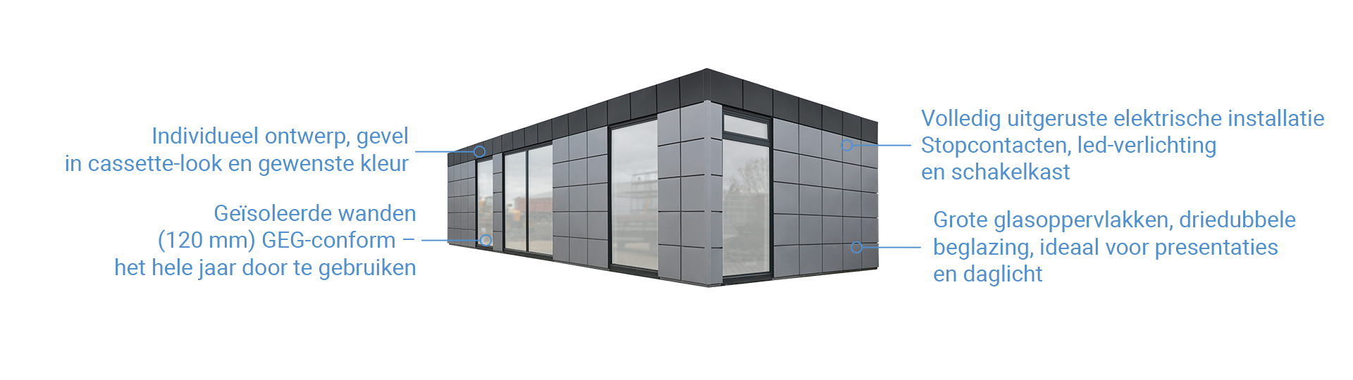 Containercomplex met vrij kiesbare afmetingen en meerdere modules      
