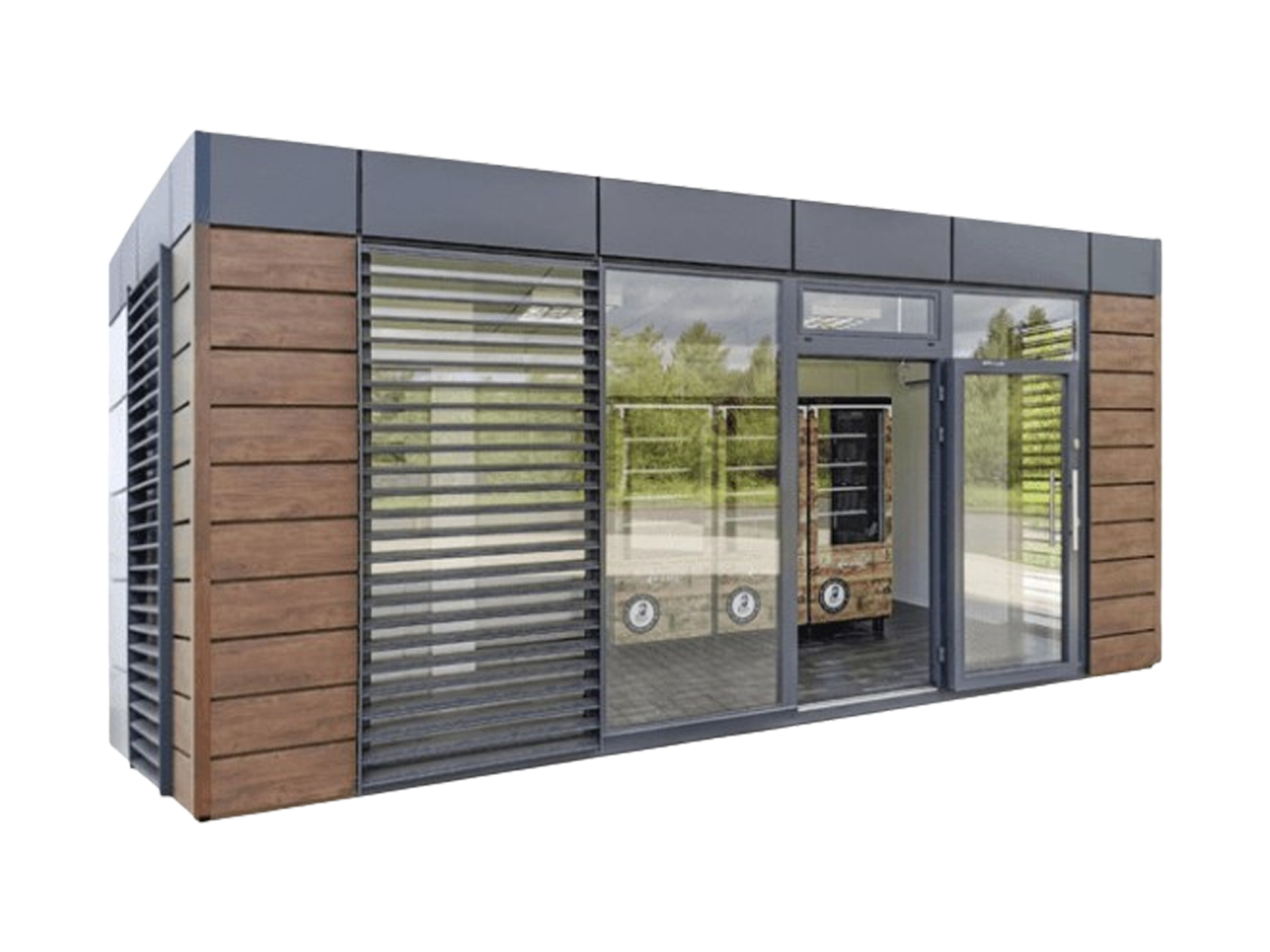 Conteneur boutique de ferme détouré avec façade vitrée et façade en bois      