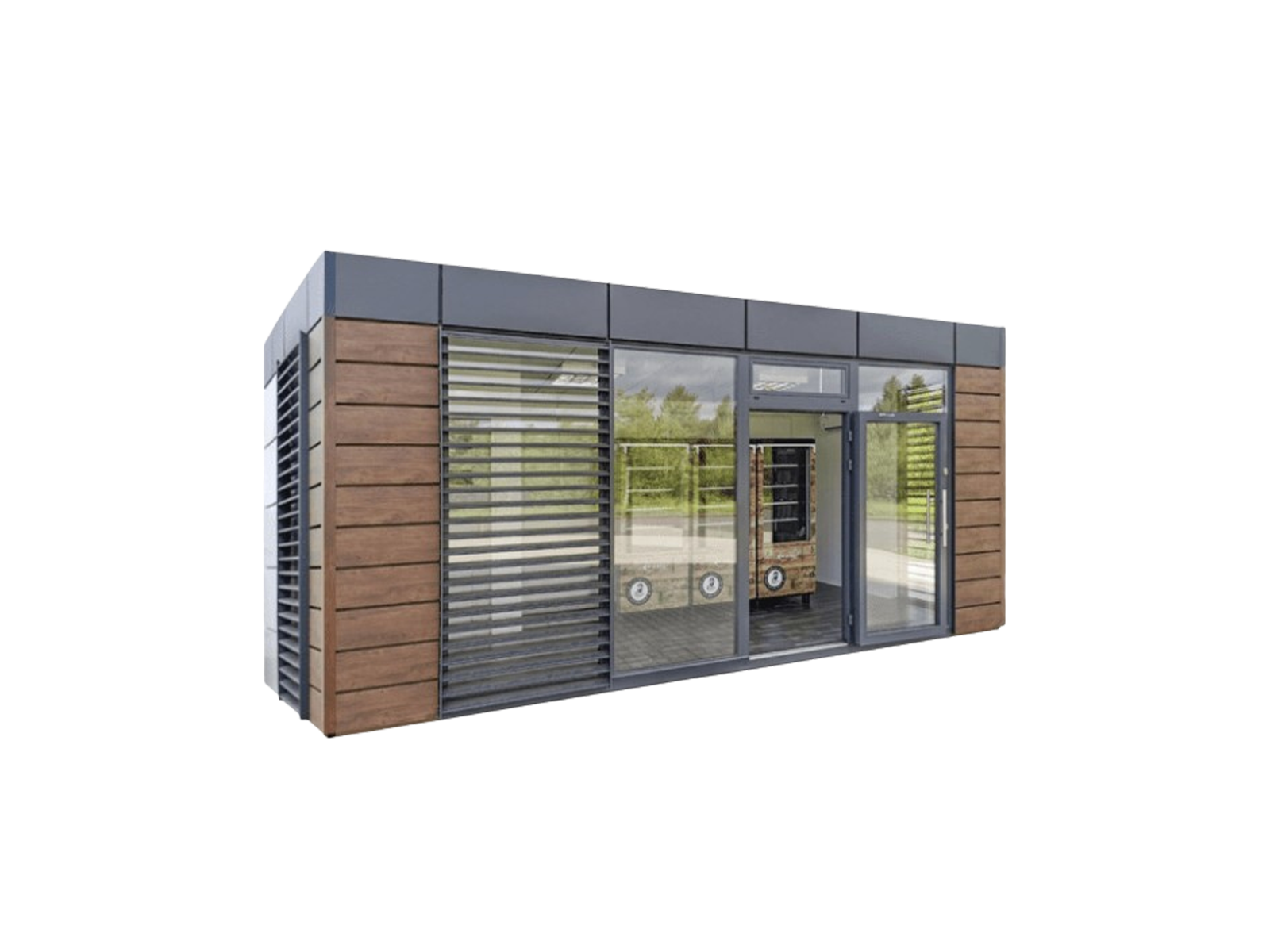 Conteneur boutique de ferme détouré avec façade vitrée et revêtement en bois      