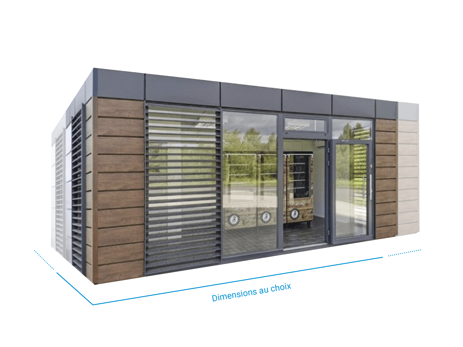 Conteneur boutique de ferme avec façade vitrée, revêtement en bois et dimensions librement sélectionnables      