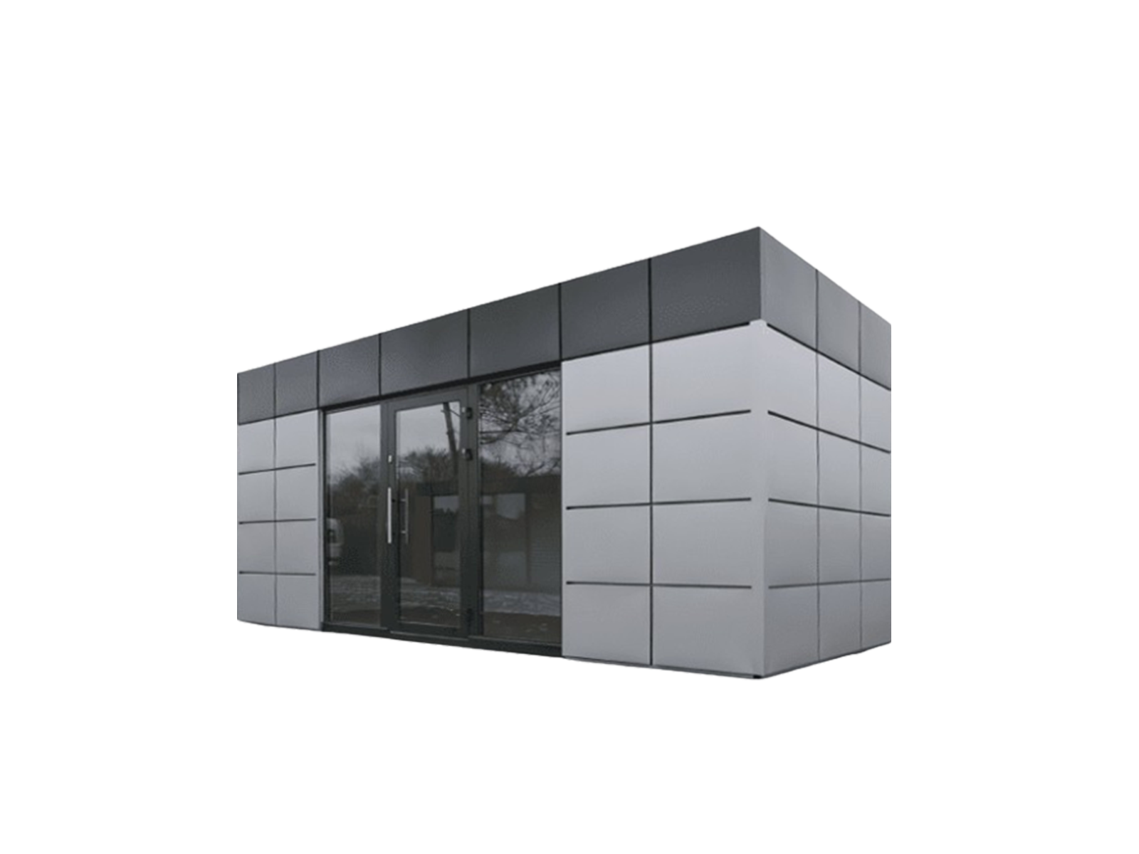 Uitgesneden verkoopcontainer met glasvoorkant en metalen bekleding      