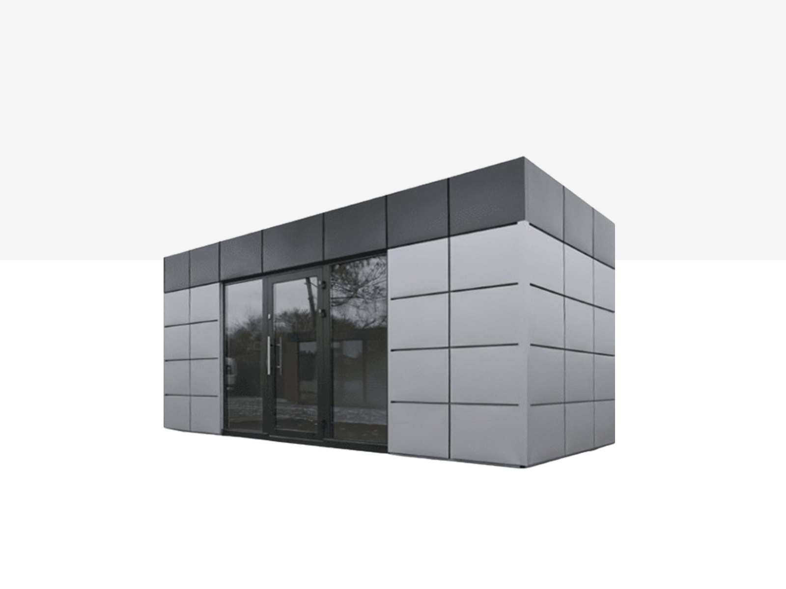 Moderne verkoopcontainer met grijze gevelbekleding en dubbele glasdeur      